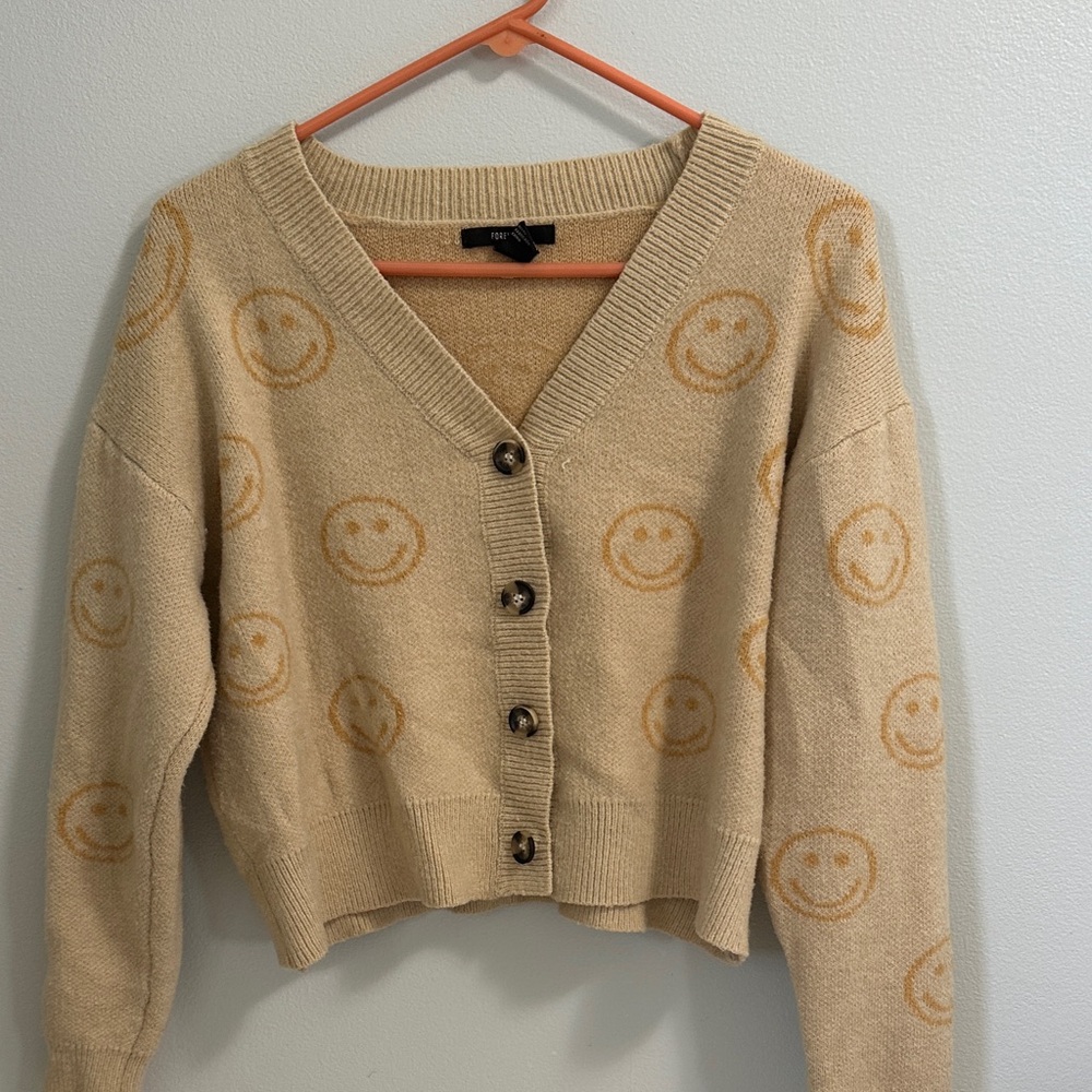 Forever 21 Beige Smiley Face Cardigan